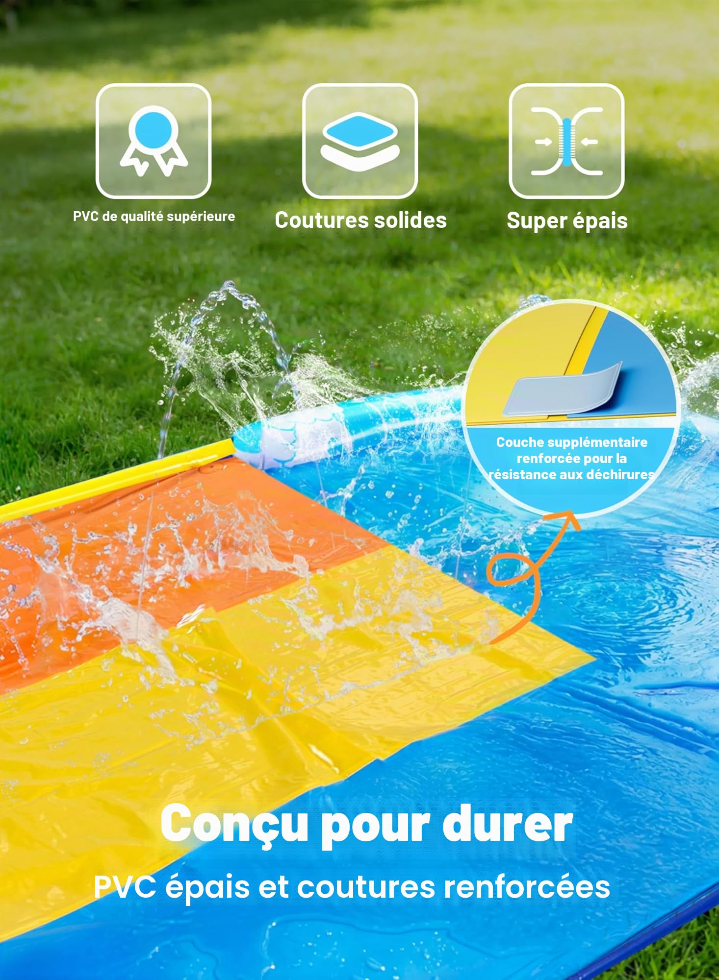Sloosh Toboggan Aquatique Triple 22,5ft x 84in/685.8 * 213.3cm avec Vagues, Toboggan de pelouse résistant avec 3 bodyboards et arroseur, Jouet d'eau d'été pour Enfants et Adultes, extérieur et Jardin