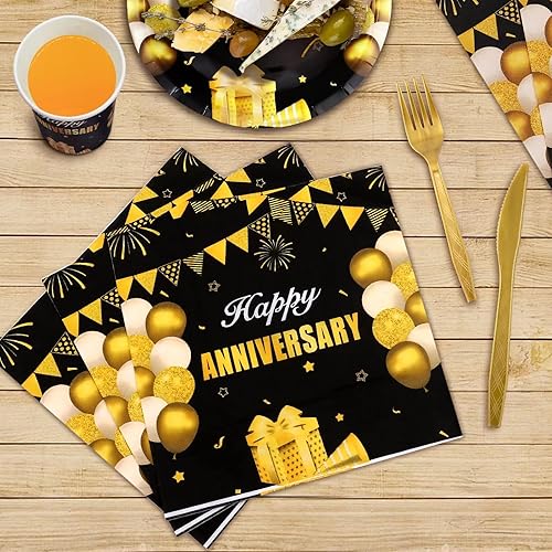 Miniatura 5 de Juego de vajilla de 168 piezas de suministros de fiesta en negro y dorado, platos, cuchillos, tenedores, cucharas, tazas y servilletas, decoraciones