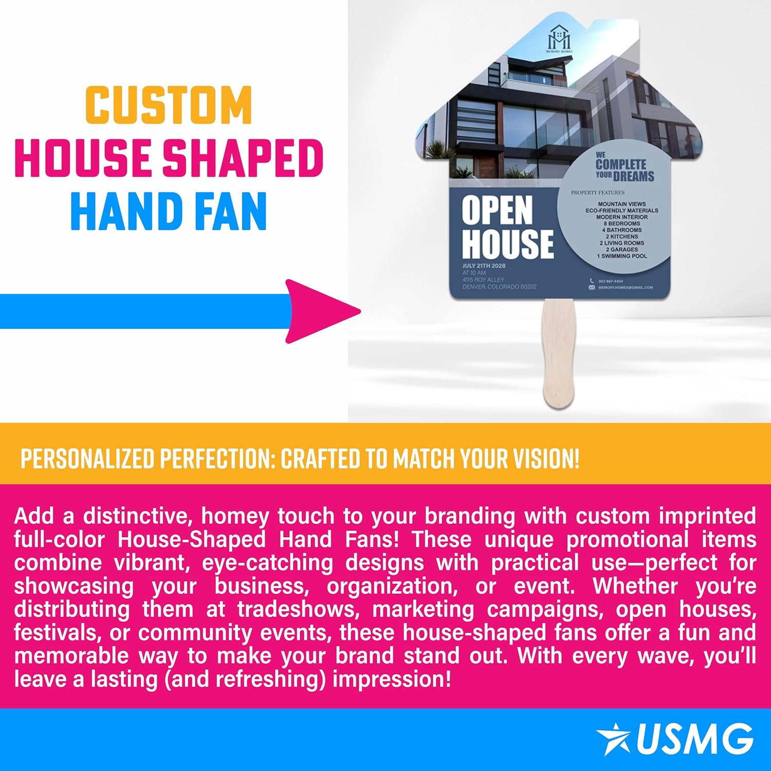 Custom House-Shaped Hand Fans – 8" 14pt Coated Board – Personalized with Your Design – Great for Real Estate, Tradeshows, Open Houses, Events & Parties (Qty 100)