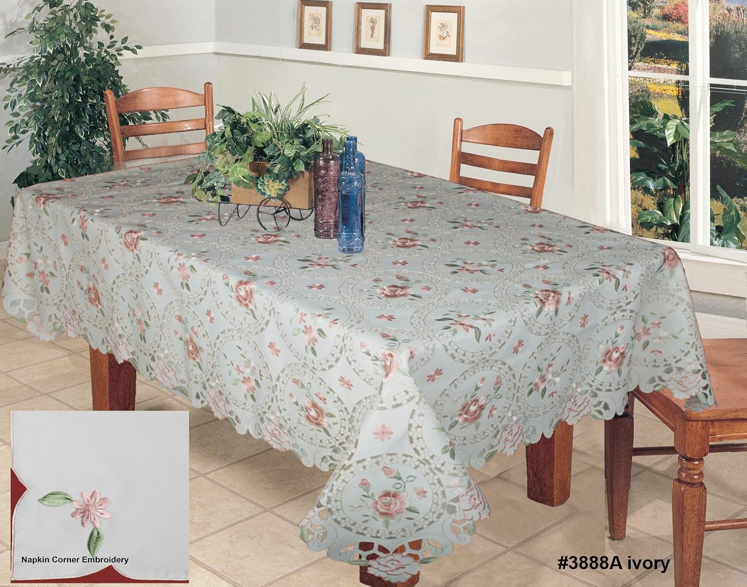 Creative Linens Embroidered Pink Rose Daisy Floral Pastel Tablecloth 68x104 Rectangular & 12 Napkins Ivory Spring
