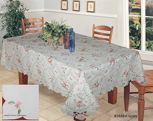 Miniatura 2 de Creative Linens Mantel bordado con diseño de margaritas rosas y flores pastel, 68 x 104 pulgadas, rectangular y 12 servilletas marfil primavera