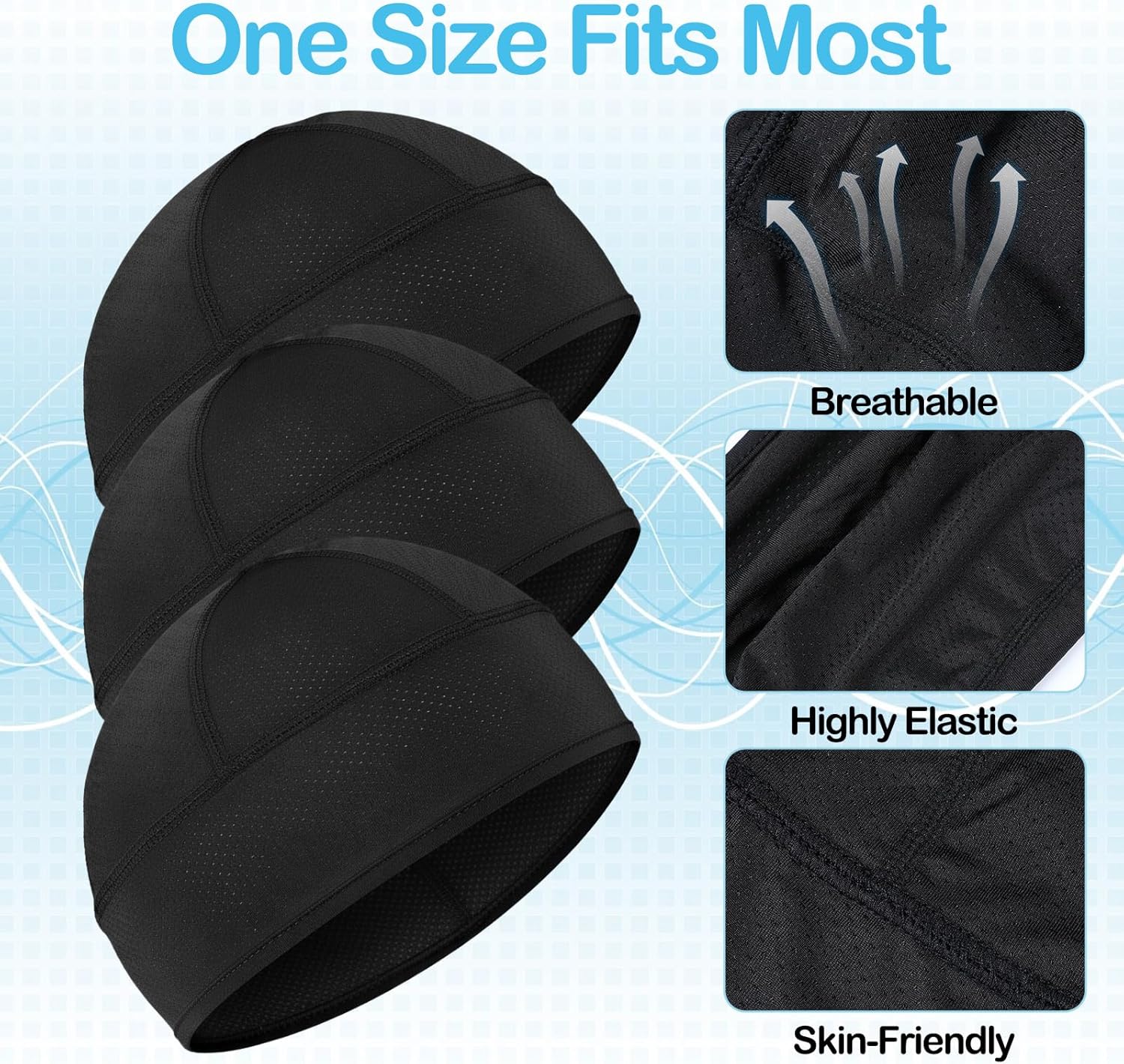 3 Pack Breathable Skull Cap Helmet Liner, Mesh Cooling Skull Cap, Lightweight Head Cover Under Hardhats for Men Women Cycling Running Gym Outdoor Sports Quick Drying (19.7-23.6In) Black