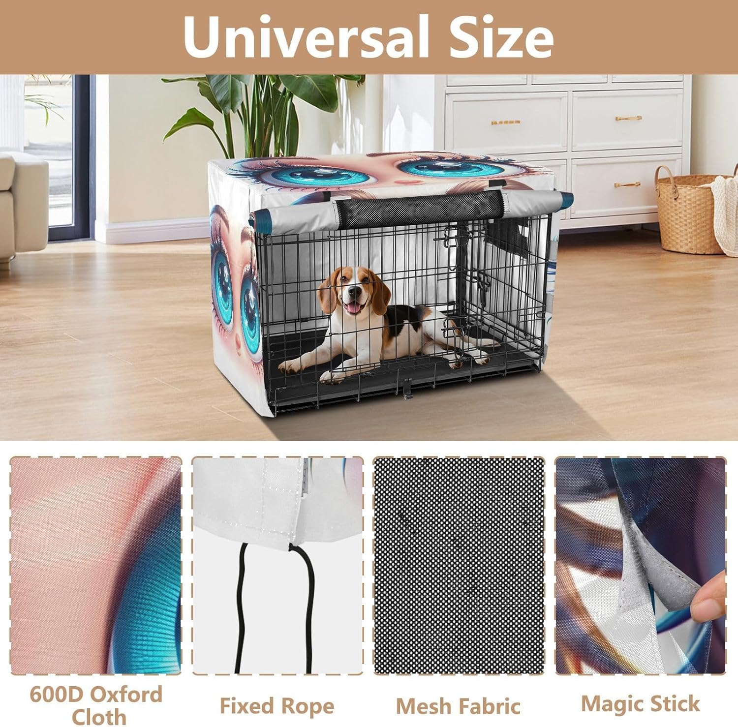 Cute Cartoon Eyes Pet Cage Cover with Openings, Washable Dog Create Cover, Large