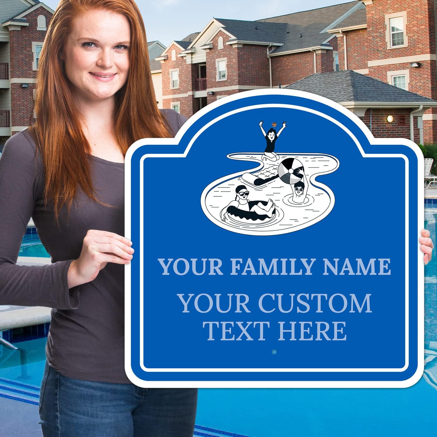 Custom Pool Sign Personalized Swimming Pool Decor Blue Sign with Graphic, 24x24 Inches, ACM, Fade Resistant, Made in USA