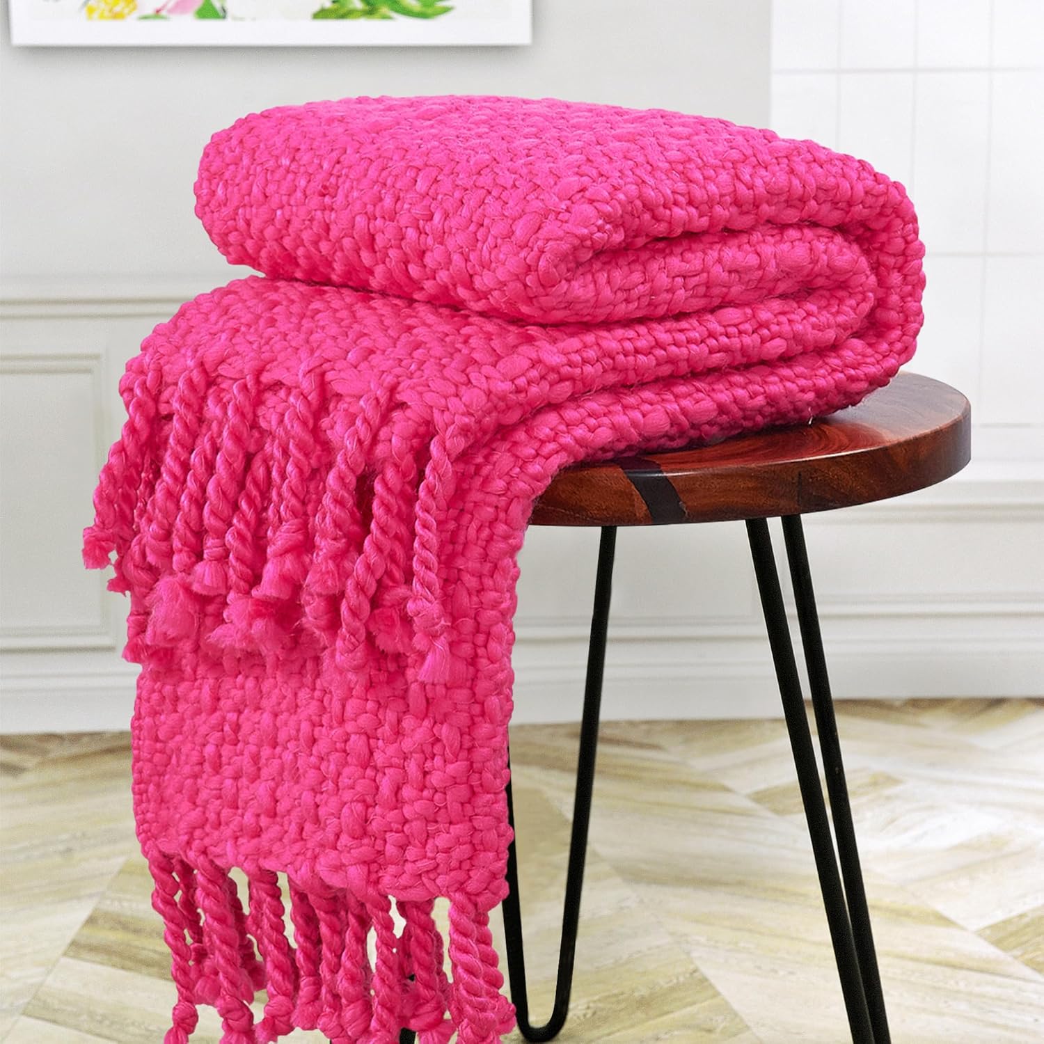 Chunky Knit Throw Blanket with Braided Tassels 50" x 60", Hand Knitted Soft Thick Yarn Basket Weave Boho Farmhouse Blanket, Plush Fluffy Tassel Decor Throw for Couch Bed Sofa, Hot Pink