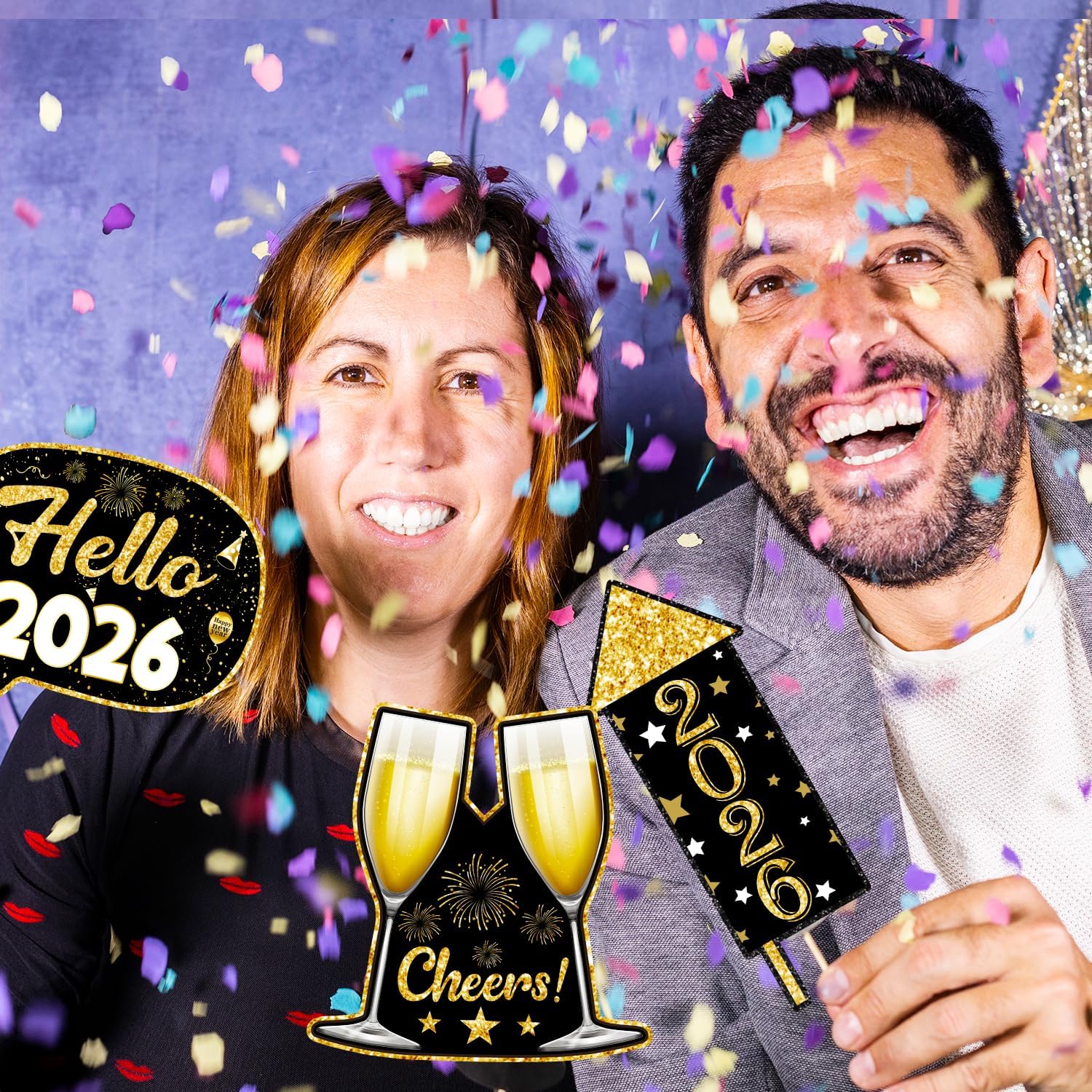 2026 Happy New Years Decorations Photo Booth Props New Years Eve Party Supplies 2026 Black and Gold Photo Props for Celebratory NYE, Cheers to The New Year - Image 3