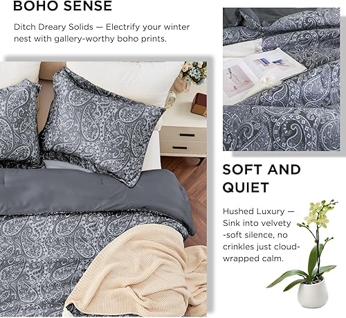 Miniatura 3 de Juego de edredón tamaño Queen, edredón suave para todas las estaciones, cálido, juego de ropa de cama ligero de 3 piezas, 1 edredón y 2 fundas de