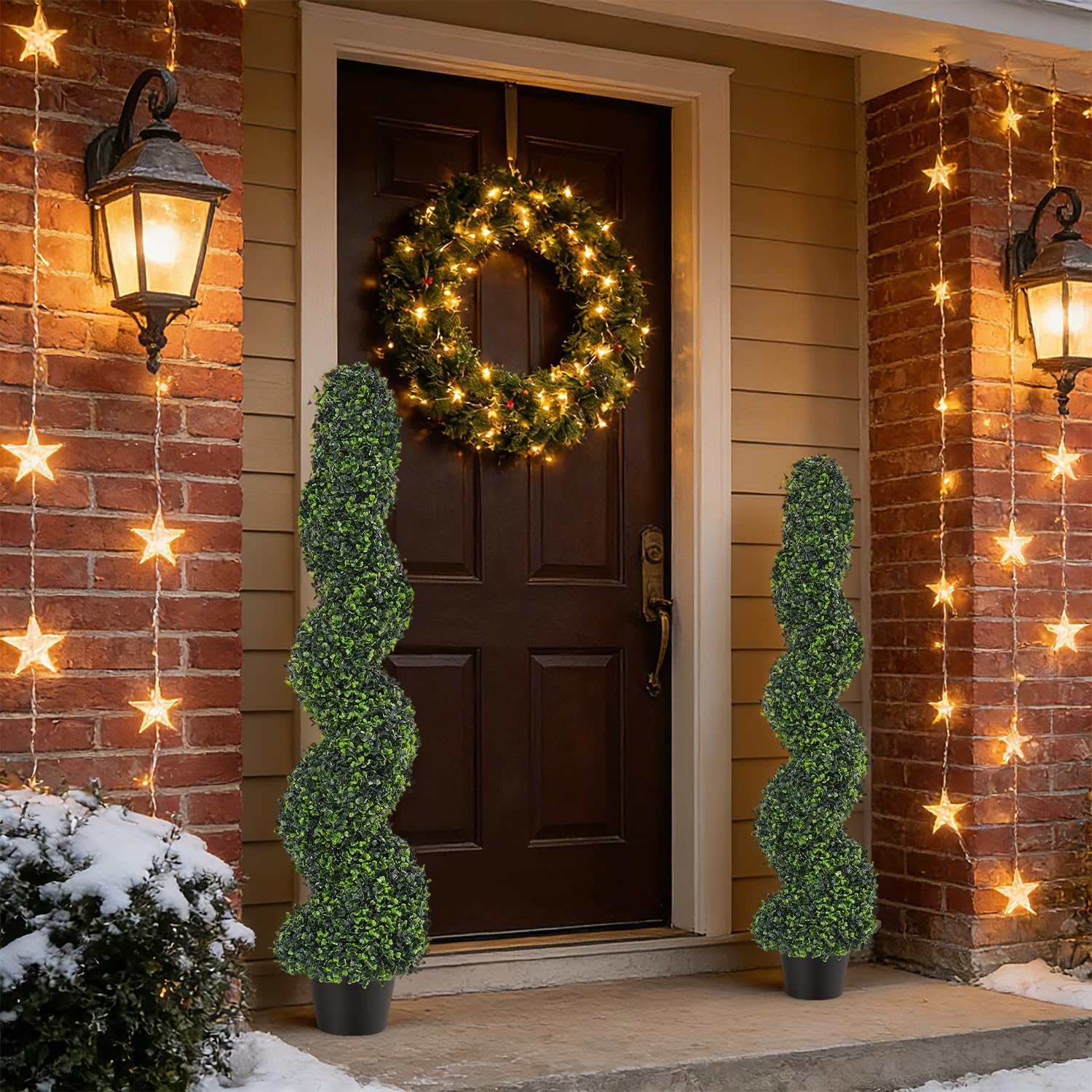 4FT Artificial Boxwood Spiral Topiary Trees Set of 2, UV Resistant Faux Evergreen Topiary Plants in Pots, Outdoor Indoor Decorative Fake Boxwood Shrubs for Front Porch, Patio, Garden, Home Decor