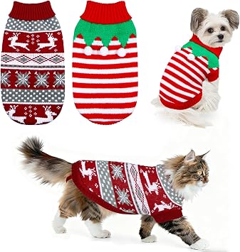 GOYOSWA 2 Pack Cat Christmas Sweater, Winter Knit Cat Sweaters Warm Coat Clothes Reindeer Snowflake Elf Christmas Sweater Outfit for Cats Kitten Puppy L