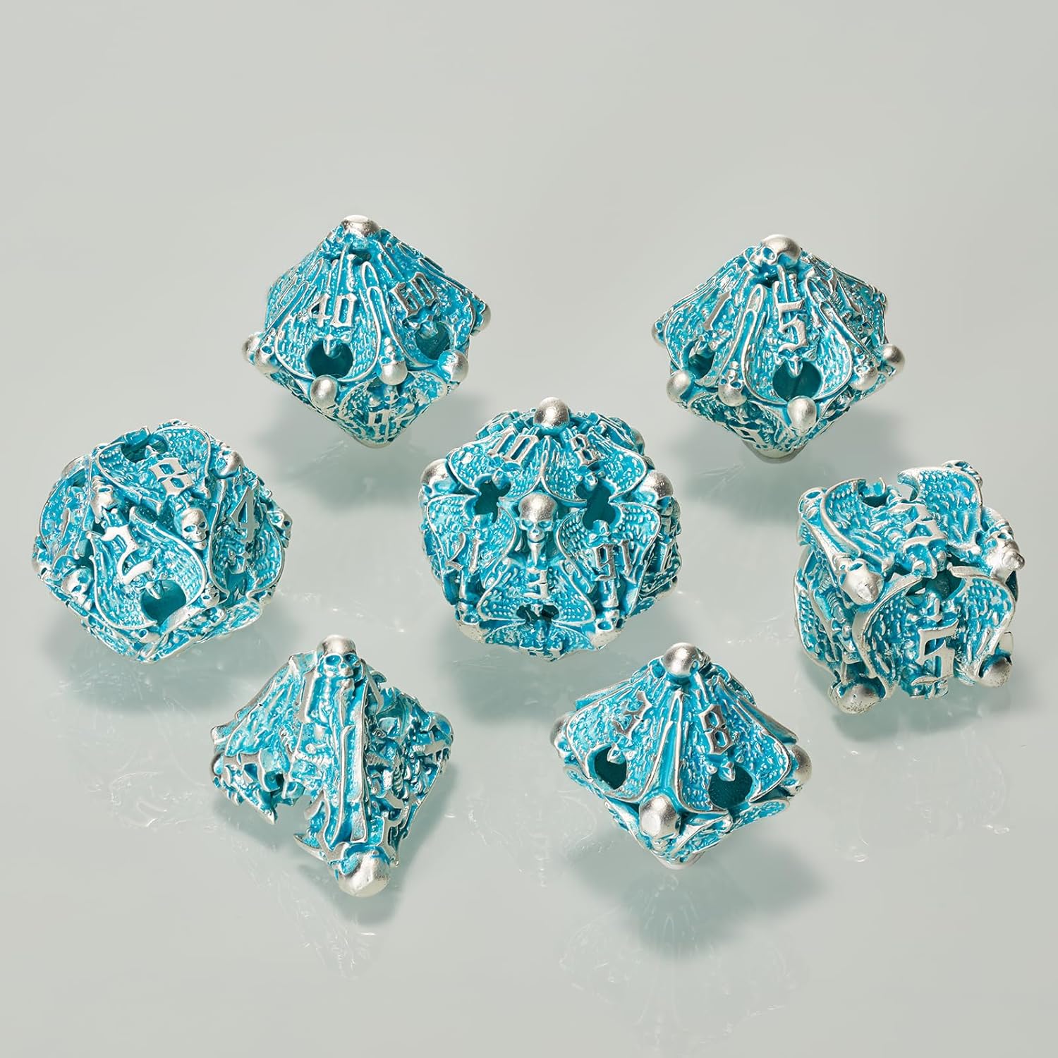Metal Dice Set, Matt Blue White 7 PCS Skull Hollow D&D Dice Set for Dungeons and Dragon Dice,MTG RPG Role Playing Game(Matte Blue White Skull)