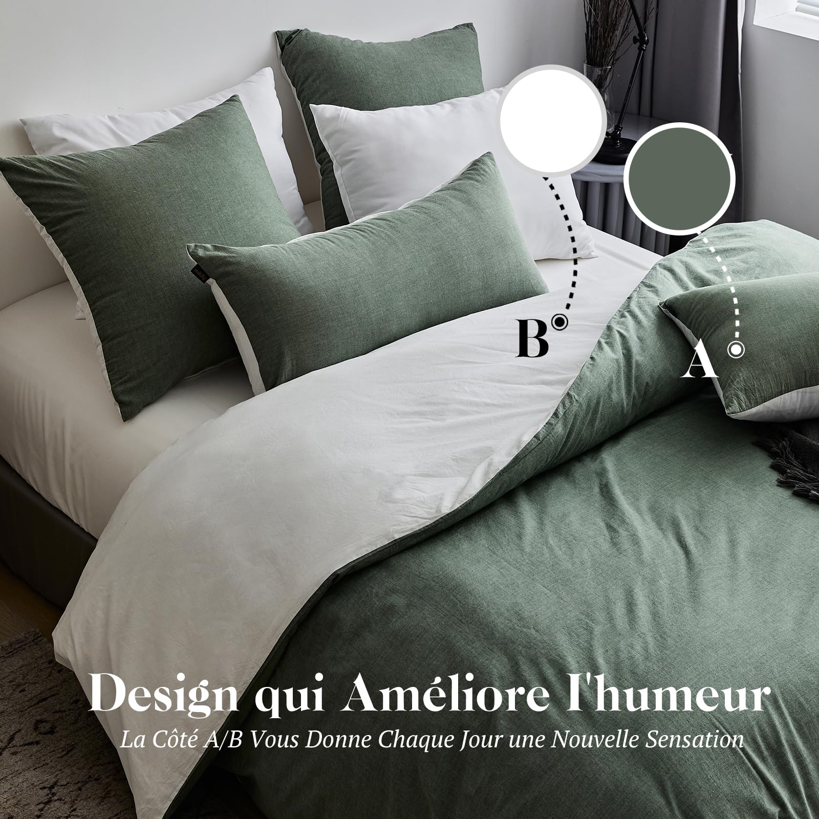 SOULFUL Housse de Couette 220x240 Coton, Verte Sauge Ensembles de Housse de Couette avec Fermeture Éclair, 100% Coton Lavé, Texture Lin, Parure de Lit 220x240 Coton avec 2 Taie d'oreiller 65x65 cm