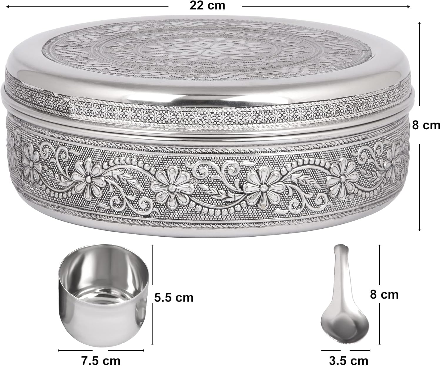 Designer Spice Container Masala Dabba, 7 Spice Jars, Holds 7 Spices, Spice Container Box, Polished Stainless Steel with 7 Serving Spoons, Indian Masala Dabba with Lid, 8 Inch - Image 3
