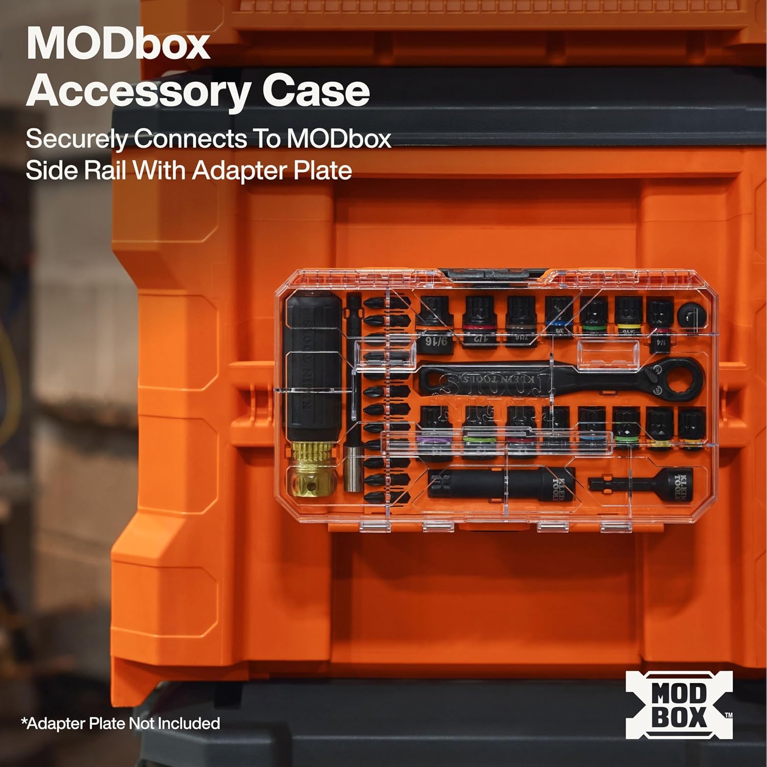 Image showing the Klein Tools KNECT Impact Socket Set case securely connected to a MODbox side rail with an adapter plate (adapter plate not included).