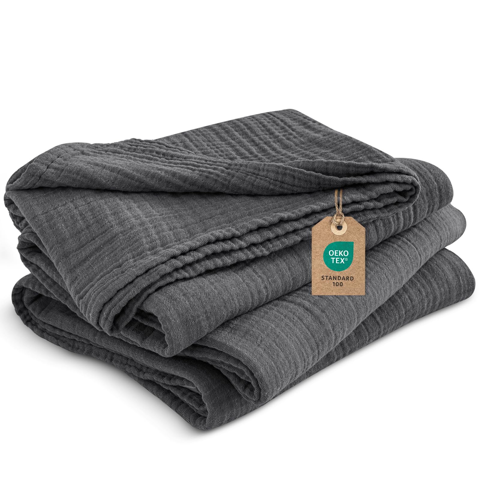 PHF 100% Cotton Muslin Throw Blanket Single Size 130x150cm, 4-Layer Ultra Soft Lightweight Breathable Gauze Blanket for Summer, Elegant Home Decoration for Couch Sofa Bed, Greyish Black/Charcoal