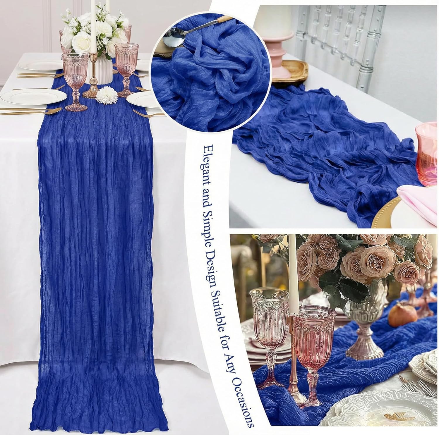 20 Packs Cheesecloth Table Runner 10FT Long Boho Gauze Fabric Table Runner Vintage Rustic Sheer Runners for Wedding Party Bridal Baby Shower Table Decorations (Royal Blue)