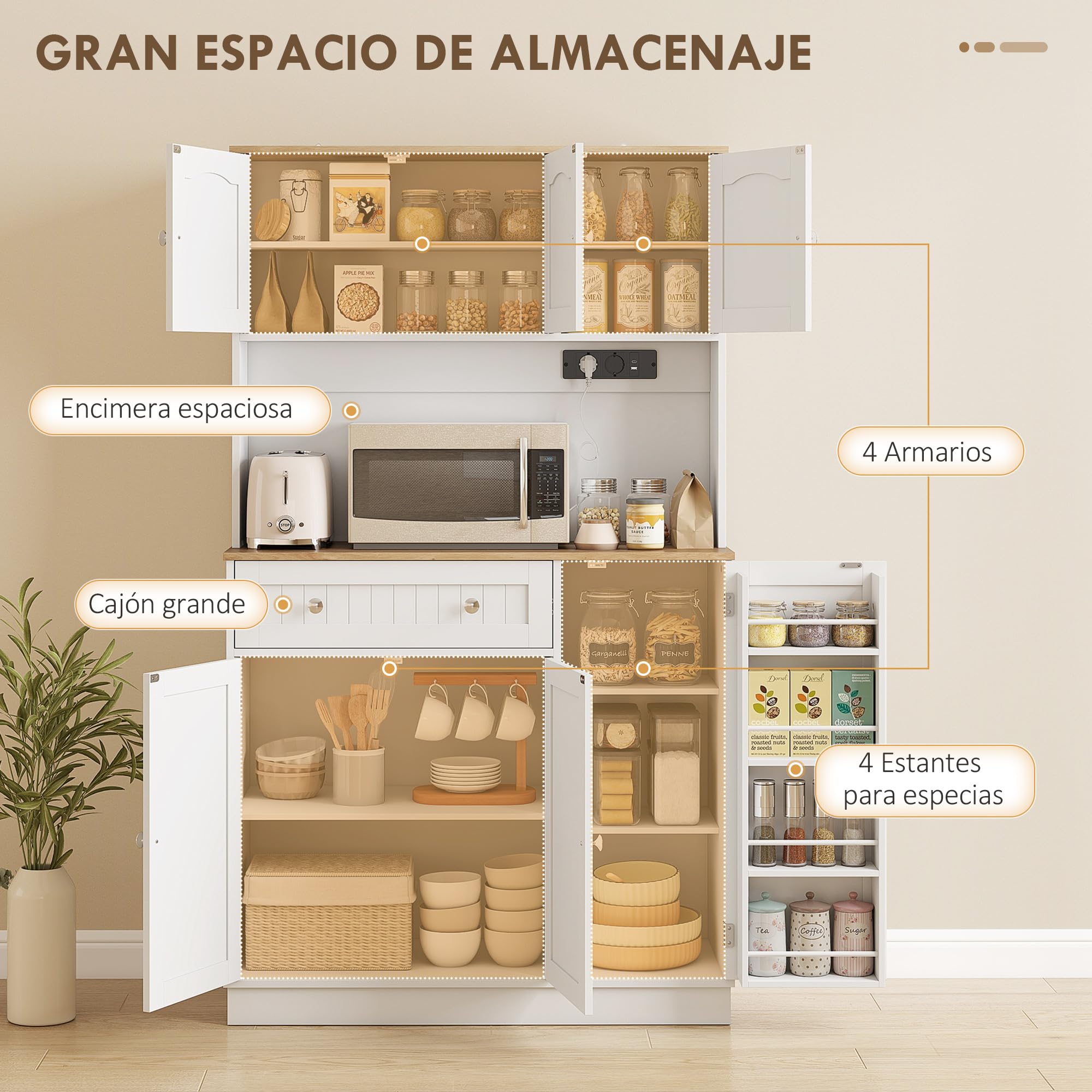 HOMCOM Alacena de Cocina Alta con Estación de Carga 100x40x173 cm Blanco | Mueble Auxiliar de Cocina, 6 Puertas, Cajón, Estantes Ajustables, 4 Estantes para Especias, Encimera Amplio
