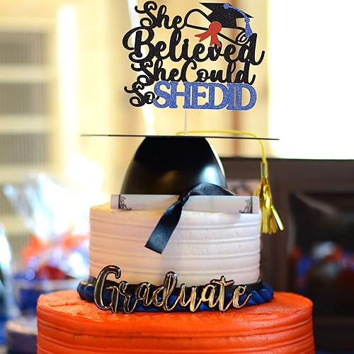 Miniatura 4 de 1 decoración de pastel de graduación con purpurina azul 2023 para niña 2023, secundaria, universidad, suministros de decoración para fiesta de