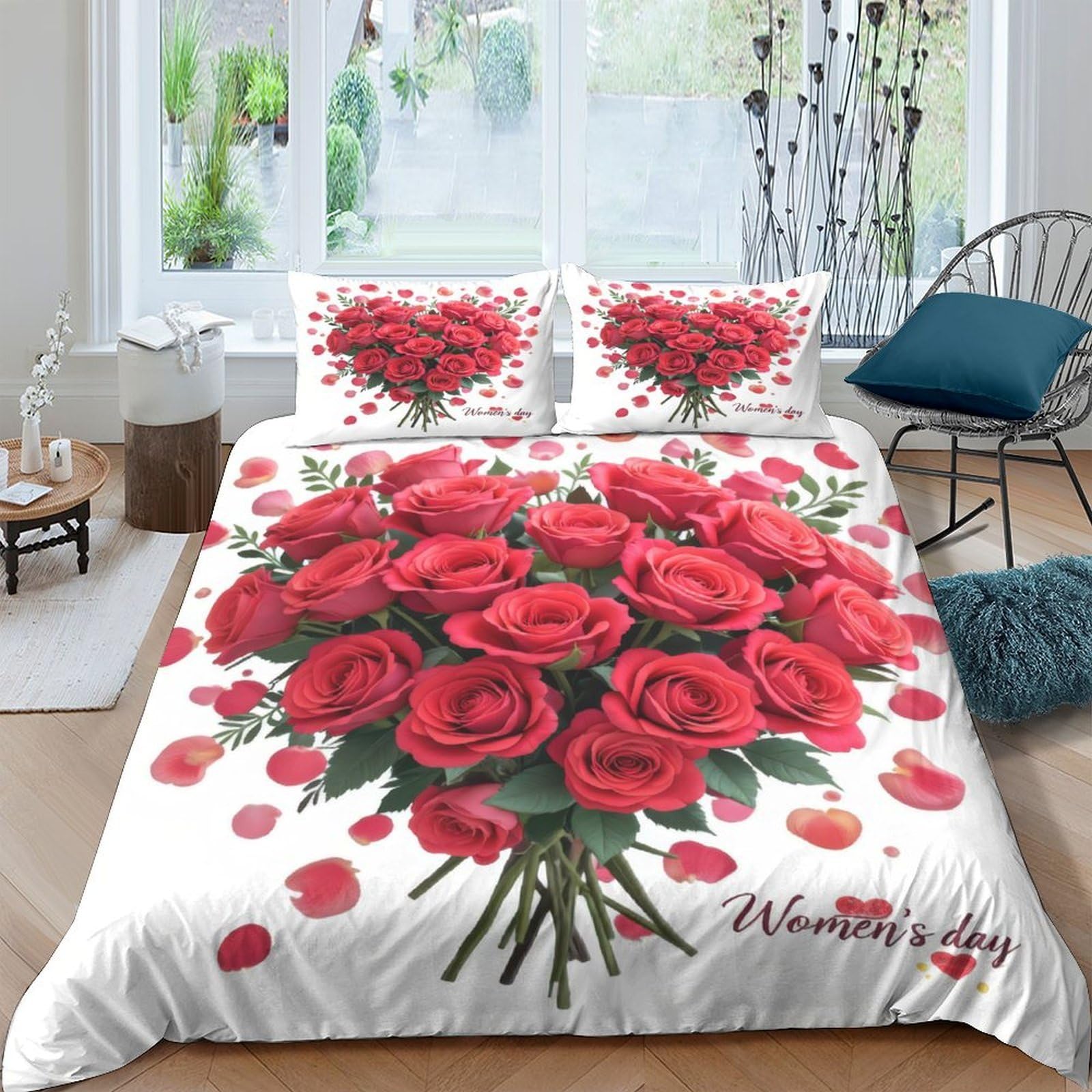 Ctjqhvkz Style-3 3D Printed Red Rose Bouquet Fitted Sheet Microfiber Soft Romantic Heart Petal Bed Cover For Bedroom Guest Room Decor Single（135X200cm）