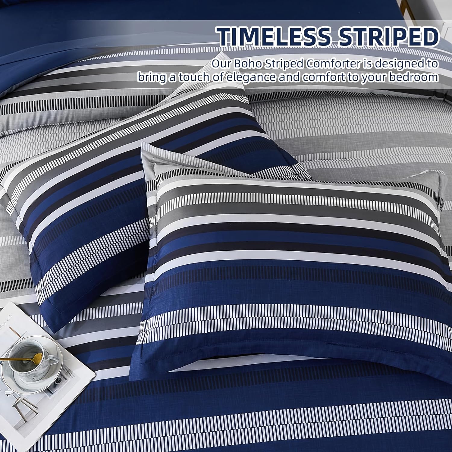 Dobuyly Navy Blue Queen Comforter Set 7 Pieces, Boho Striped Bed in a Bag Queen Size Soft Microfiber All Season Bedding Set with Comforter, Sheets, Pillowcases & Shams - Image 5
