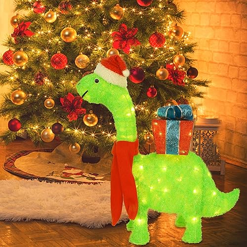 Miniatura 4 de WATERGLIDE Dinosaurio verde de Navidad iluminado con decoraciones de caja de regalo, 27 pulgadas preiluminado, brachiosaurio 3D para decoración de