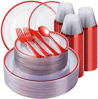 350PCS Red and Clear Plastic Dinnerware Sets for 50 Guests, Include 100 Red Disposable Party Plates, 100 Forks, 50 Knives, 50 Spoons, 50 Cups