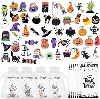 50 Sets Halloween Pin Bulk Enamel Pins Halloween Costume Lapel Pins Enamel Pins Mixed Enamel Brooch Set Pumpkin Head Ghost Witch Bat Backpack Pin for Hats Women Student Gift with Cards Organza Bag