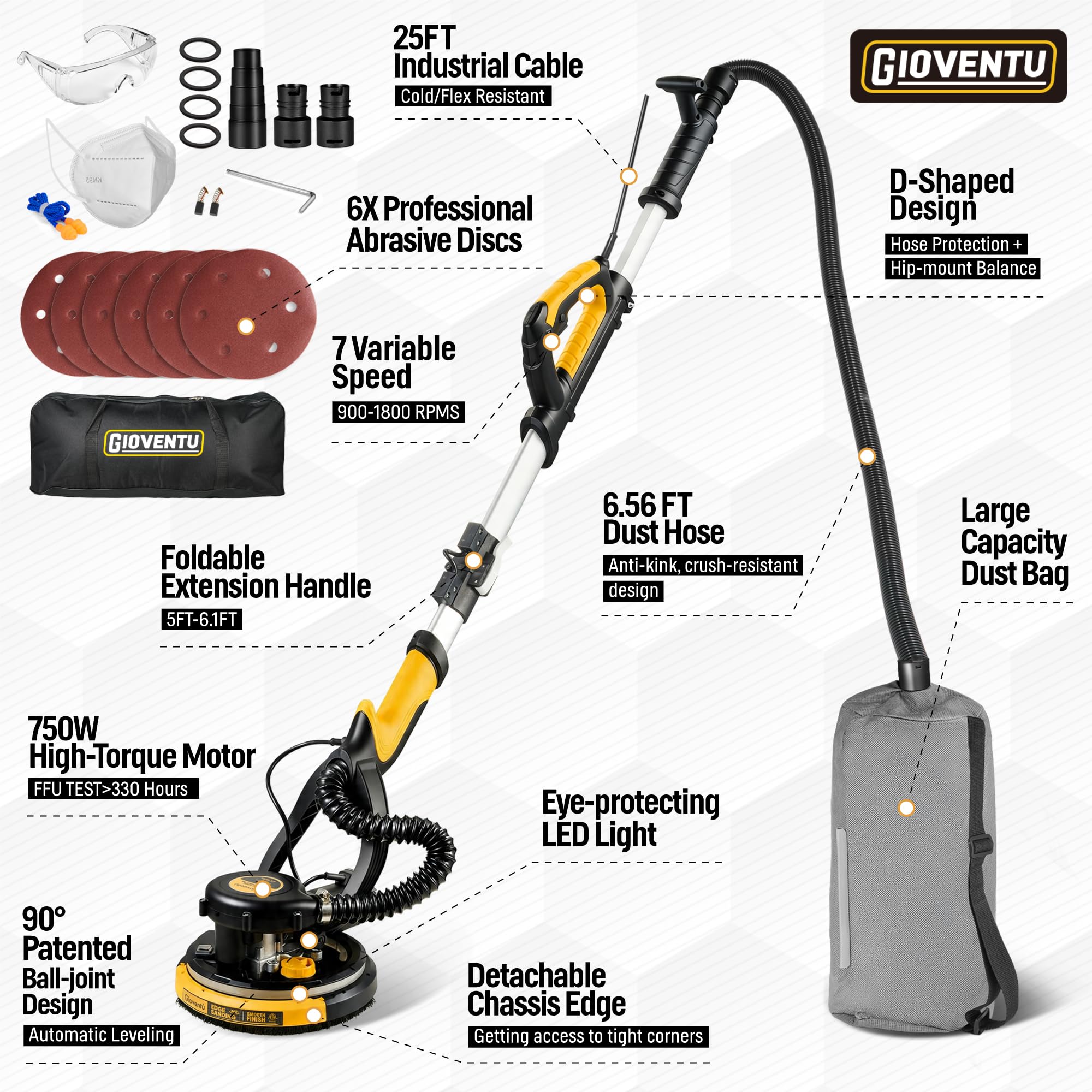 Lijadora de paneles de yeso, 780 W, potente lijadora eléctrica para paneles de yeso con accesorio de vacío, recogida de polvo para coche, lijadora de pared sin polvo, con cable de alimentación de 66
