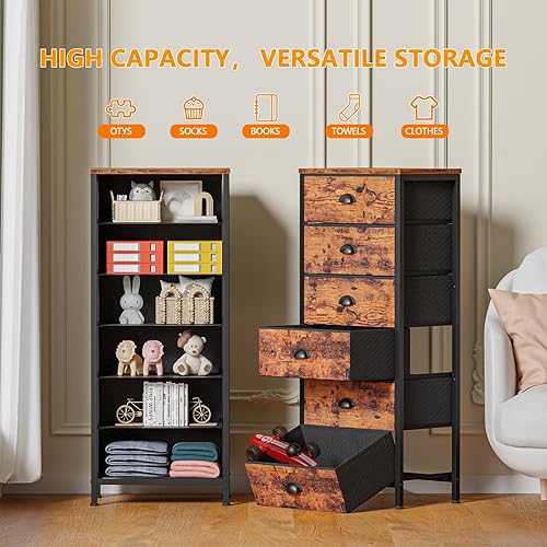 Miniatura 5 de Furnulem Cómoda alta con 6 cajones, mesa auxiliar vertical y mesita de noche para dormitorio, muebles de noche industriales con organizador de