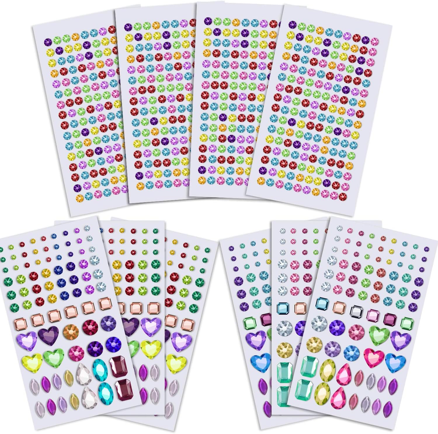 Anezus 1126Pcs Rhinestone Stickers Self-Adhesive Bling Craft Jewels Crystal Gem Stickers for Nail, Body, Makeup, Festival, Assorted Sizes and Shapes, 10 Sheets