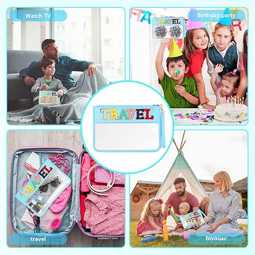 Vista 21 de HANAMO Bolsa transparente con letras de chenilla, bolsa de nailon para cosméticos con cremallera, bolsas de maquillaje transparentes, bolsas