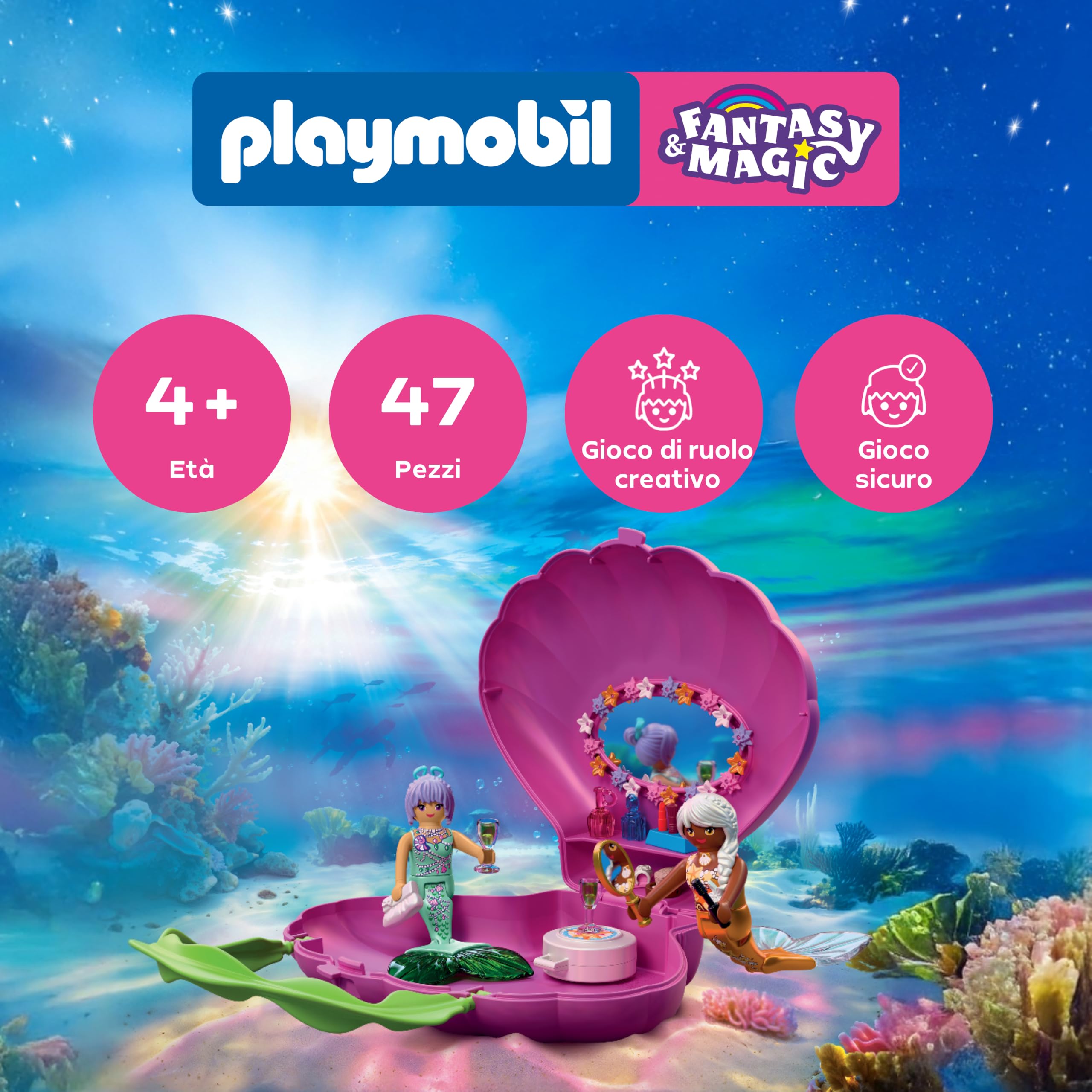 PLAYMOBIL | Fantasia e magia | Borsa a forma di conchiglia – sirene | Borsa portatile con 2 sirene | Giocattolo per bambini dai 4 anni in su | 72105