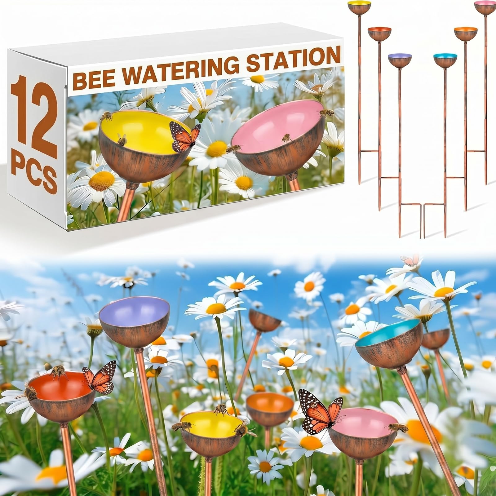 Teenyyou 9 Pcs Bee Watering Station for Garden Metal Watering Cup, Colorful — image 1