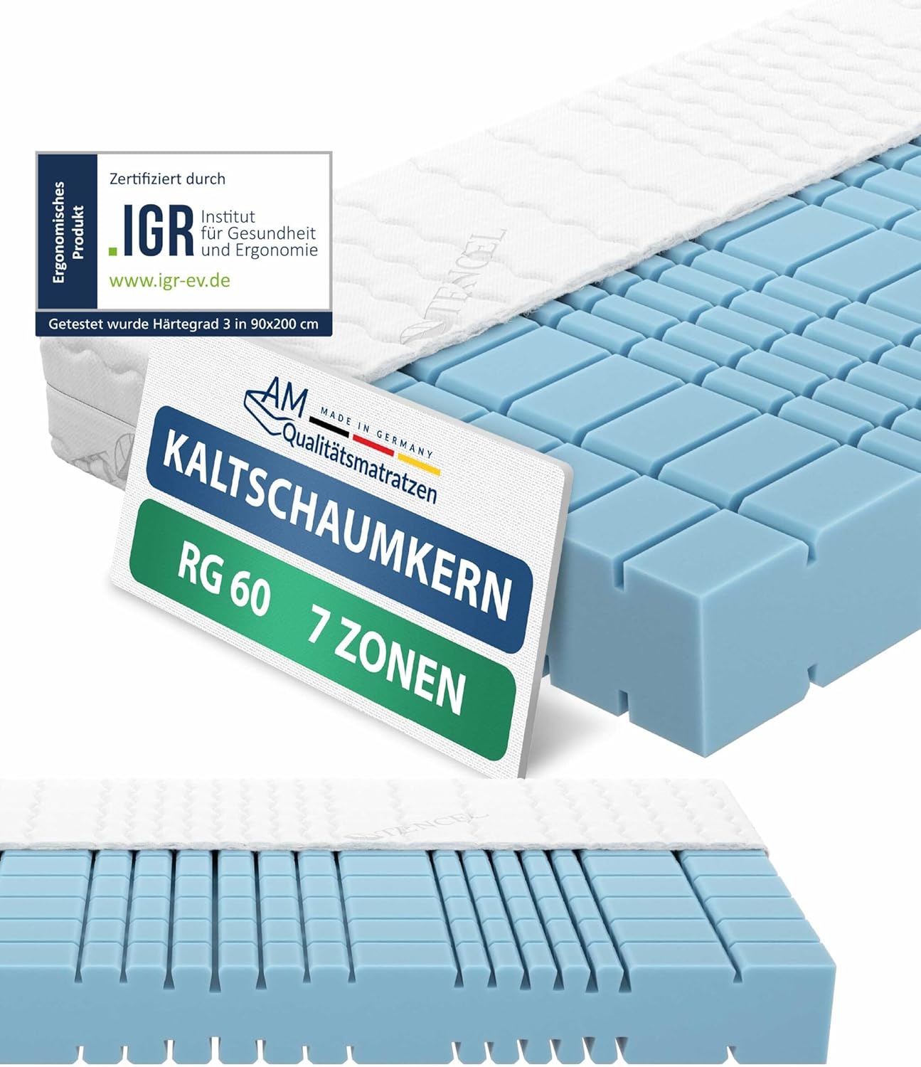 Product image of AM Qualitätsmatratzen Premium 7 Zonen Kaltschaummatratze 180x200 H3 - Made in Germany - Oeko TEX zertifizierte Matratze Kaltschaum 180x200-19 cm Hoch - Orthopädische Matratze 180x200cm
