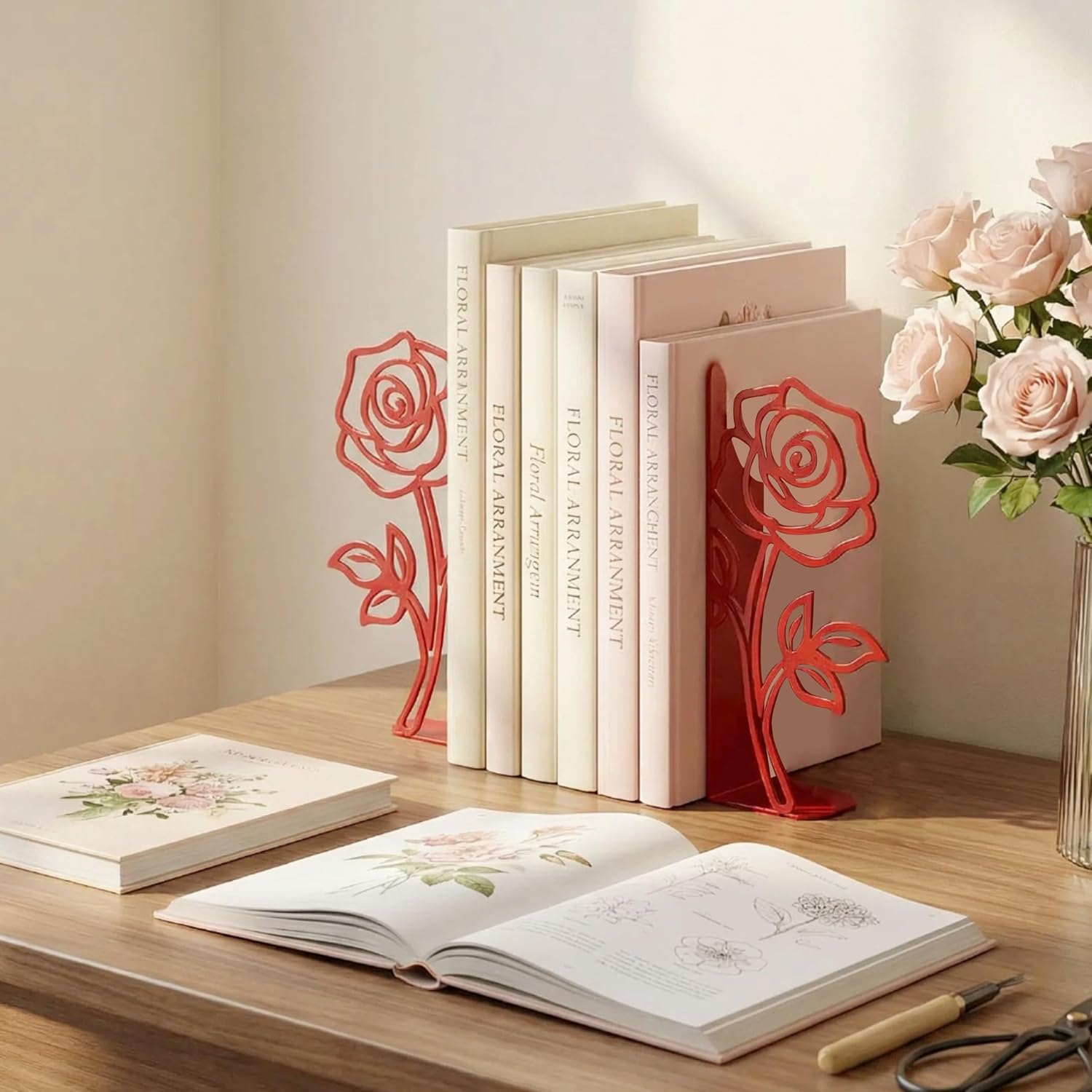Rose Flower Bookends – Metal Novelty Book Ends with Rose Design, Floral Shelf Decor Decorative Bookends for Shelves Ideal Gift for Book Lovers (Red)