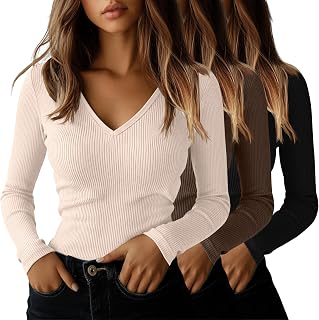 3 Pack Women's Long Sleeve T Shirts Cotton V Neck Slim Fit Tops Ribbed Knit Layering Casual Basic Tees 2025 Fall