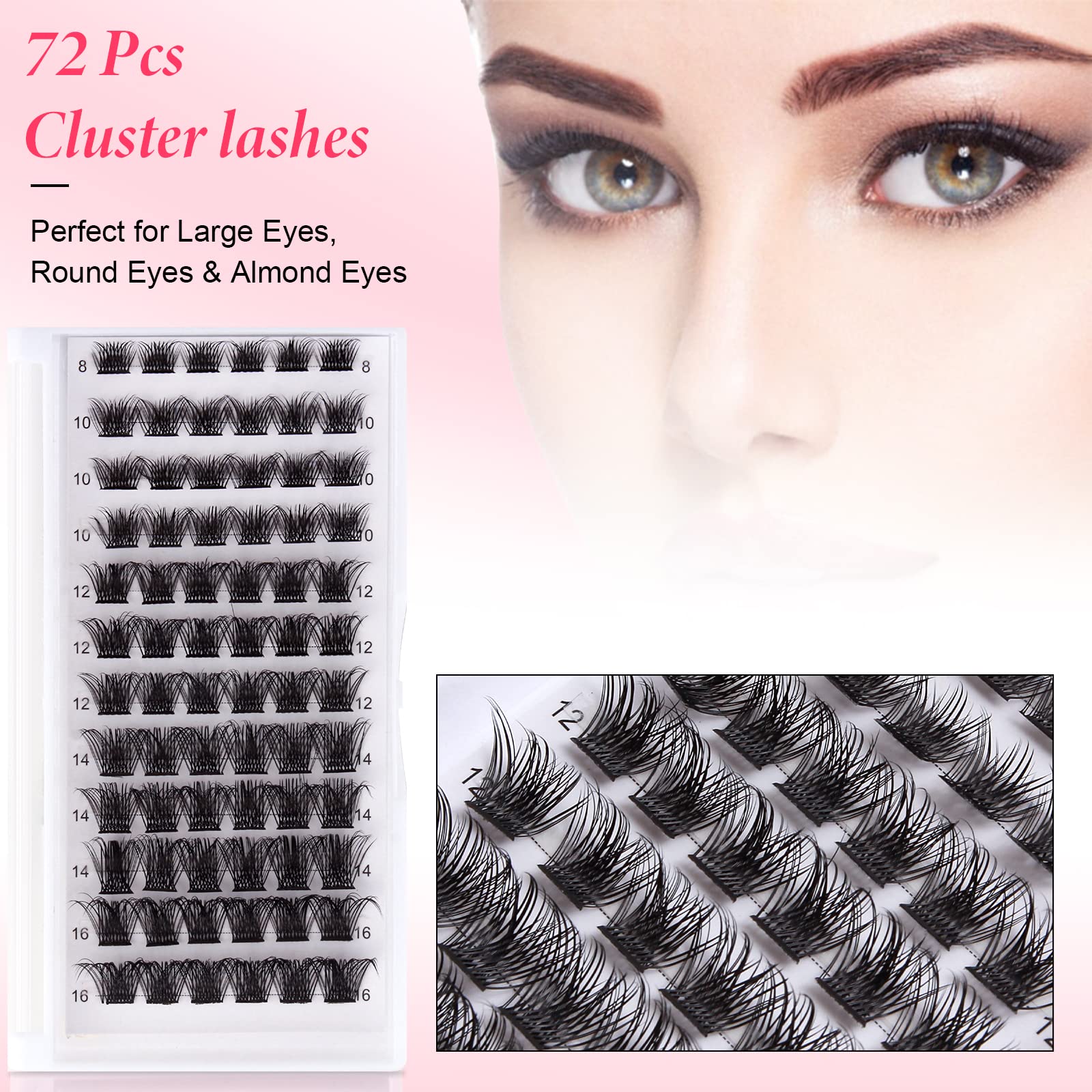 Lashes Cluster 72 Pcs Individual Lashes D Curl 8-16 mm Length, DIY Eyelash Extension False Lashes Soft Fluffy Cluster Eyelas (MIX-1) - Image 2