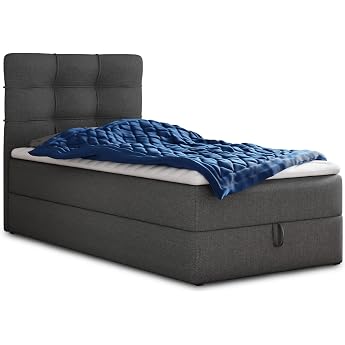 Best Mini Box Spring Bed with Box and Mattress Topper Single Bed with Bonell Mattress and Topper Upholstered Bed Bedroom 100 x 200 cm Graphite Inari 94