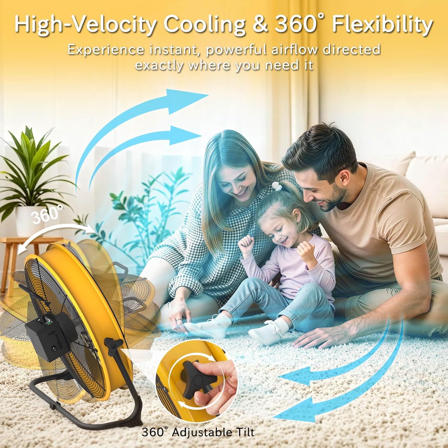 T-SUNUS 16" Industrial Fan, 15600mAh Rechargeable Floor Fan Indoor Outdoor, 2500 CFM High Velocity 360° Tilt Quiet Operation, AC Charger for Home Gym Workshop Garage Camping Patio Pet & Emergency