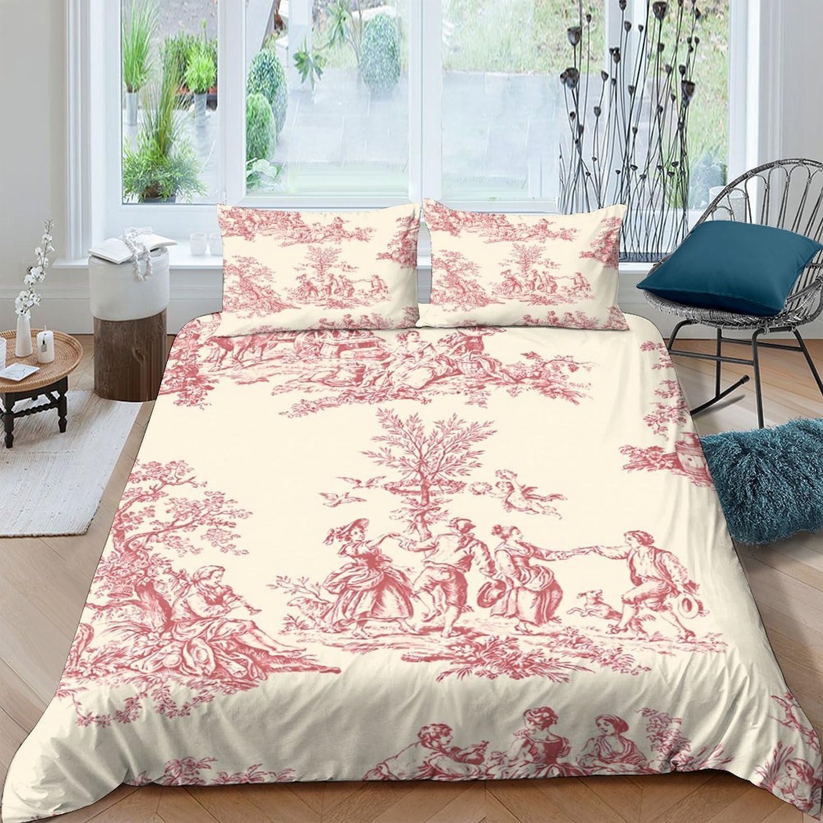 GPLZQXKJNH 3D Printed Vintage Pastoral Duvet Cover Microfiber Soft Breathable Red Toile Bedding Set with 2 Pillowcases for Bedroom Decor Single（135x200cm）