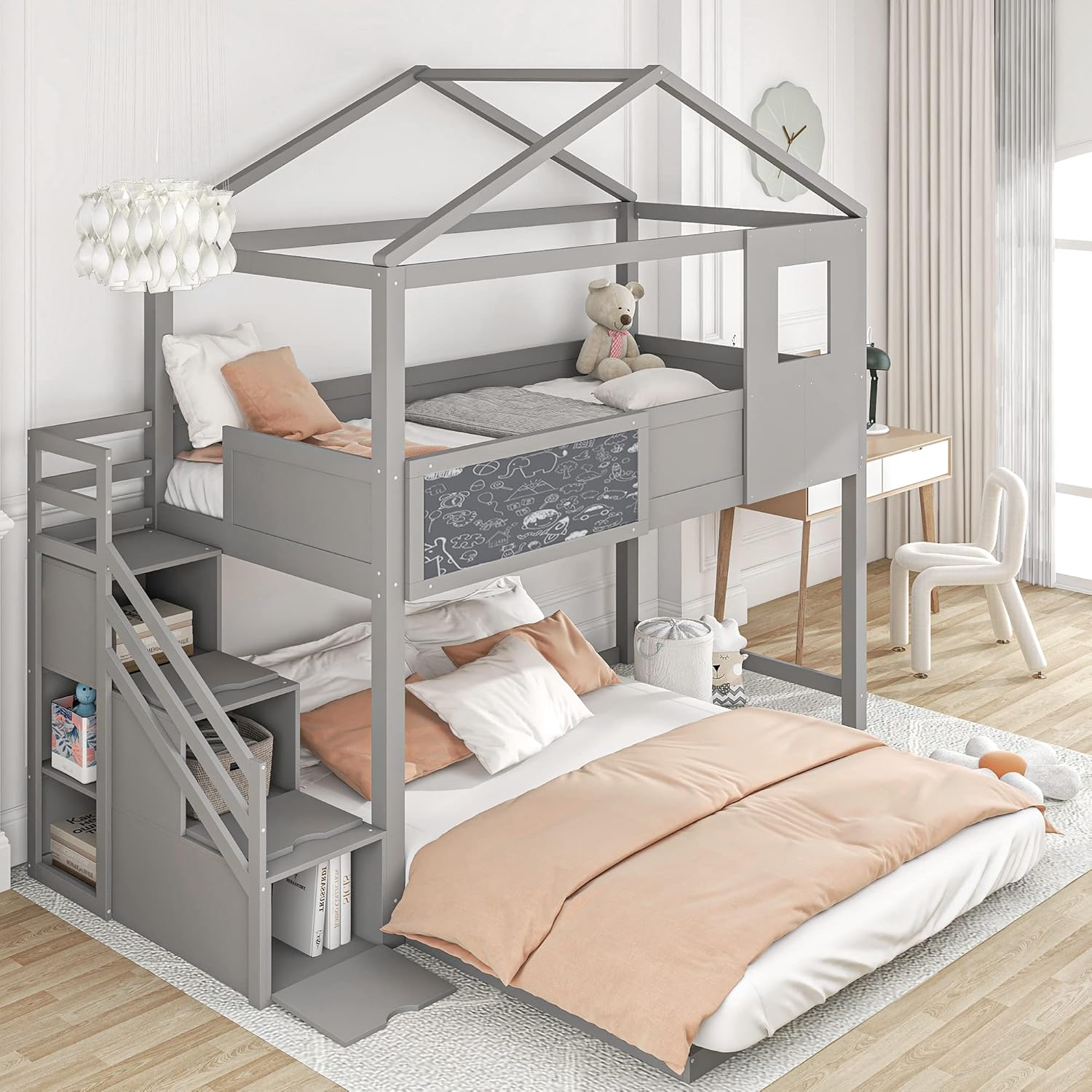 (Incomplete box 1/2) MOEO Twin Over Full House Bunk Bed with Storage Staircase and Blackboard, Wood Bunkbed Frame w/Window for Kids, Bedroom, Teens, Adults, No Box Spring Required, Modern Design, Gray Grey Twin over Full House Bunk Bed with Storage Staircase and Blackboard