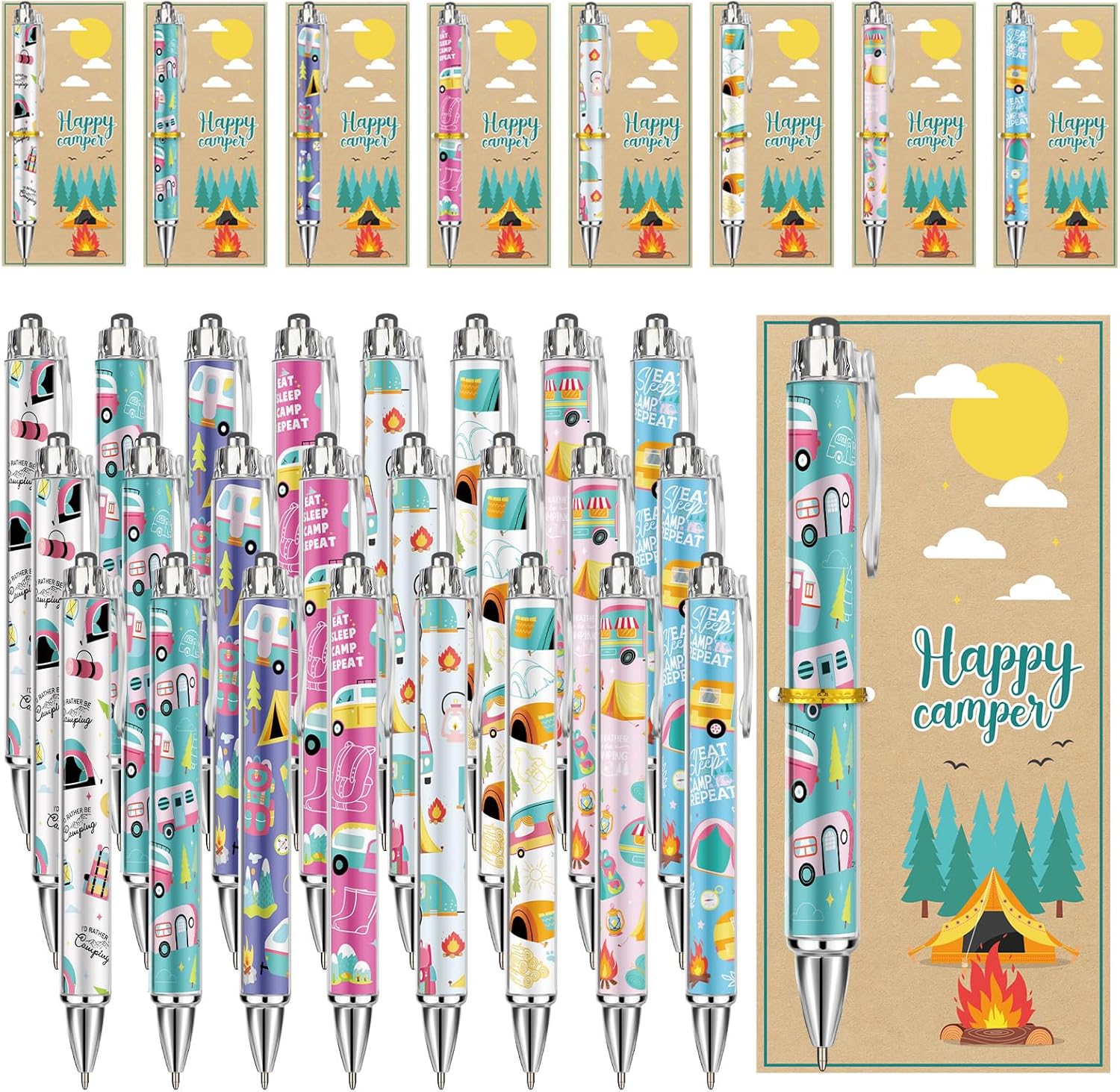 Ctosree 48 Sets Camping Ballpoint Pens with Cards for Campers Camp Lover Team Inspirational Gifts Camp Summer Pens for Birthday Party Favors Office Funny Reward Supplies