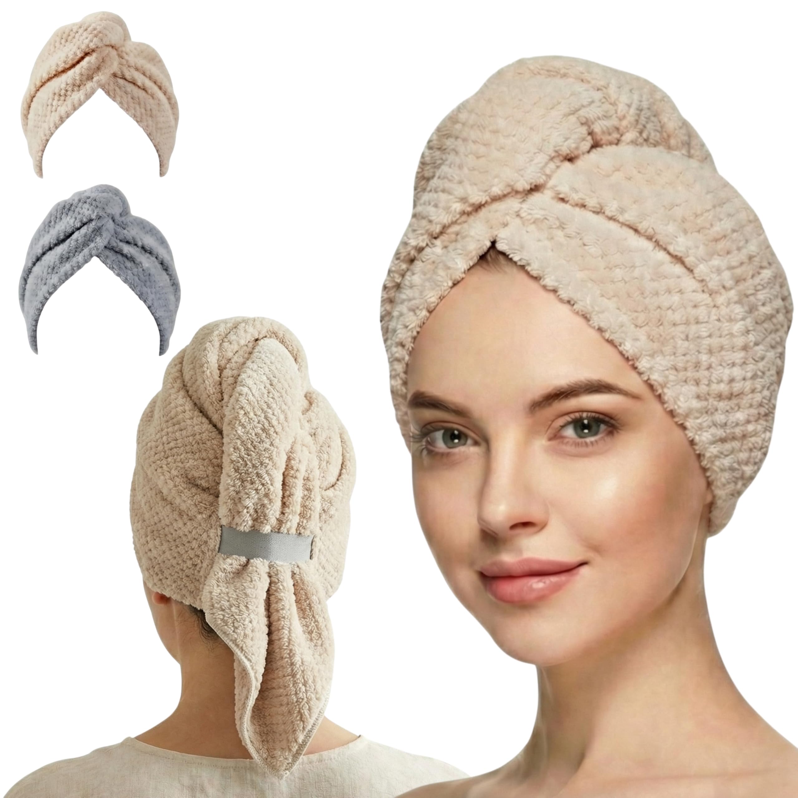 2 Pack Microfiber Hair Towel Wrap for Women with Button, 26 x 10 Inch Green+camel