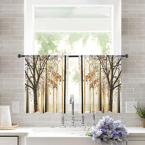 AMZRicher Cortinas traslúcidas de 54 pulgadas de largo, juego de 2 paneles de cortinas románticas de abedul de otoño, hojas amarillas, cortinas de