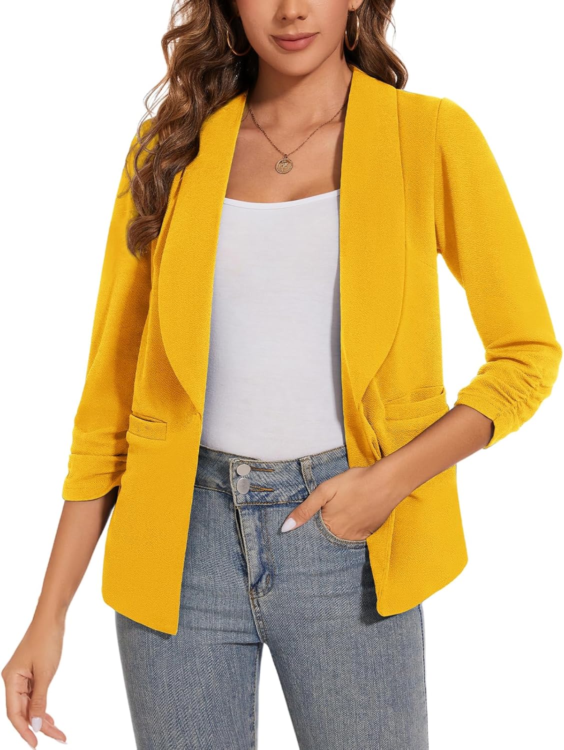 Women Casual Shawl Lapel Work Blazer Ruched 3/4 Sleeve Open Front Business Office Suit Jackets with Pockets