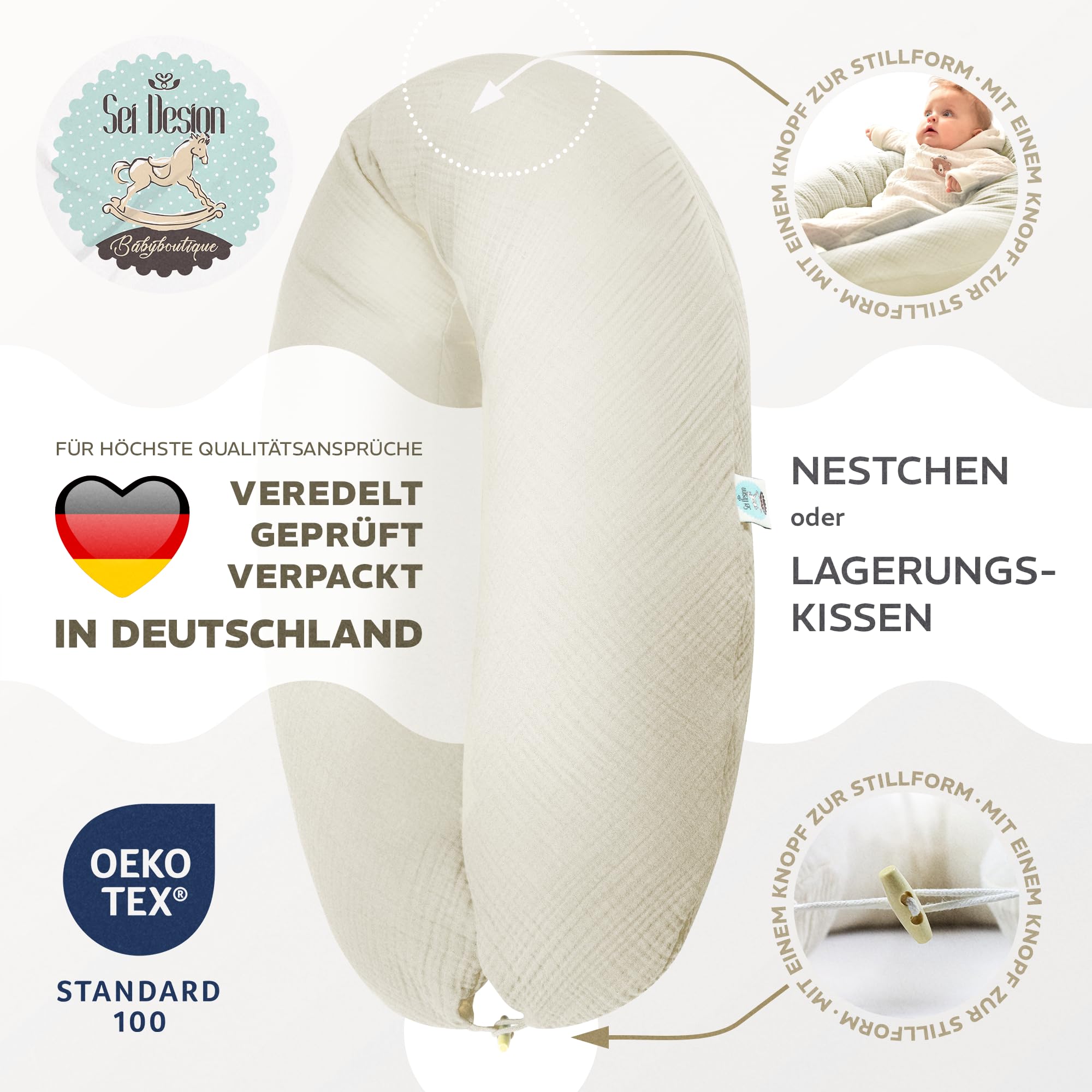 Sei Design Coussin de Grossesse XXL 190x30 avec Housse en Mousseline Ergonomique – Coussin de Maternité, Coussin d'allaitement Confort pour Femme Enceinte, 100% Coton Bio