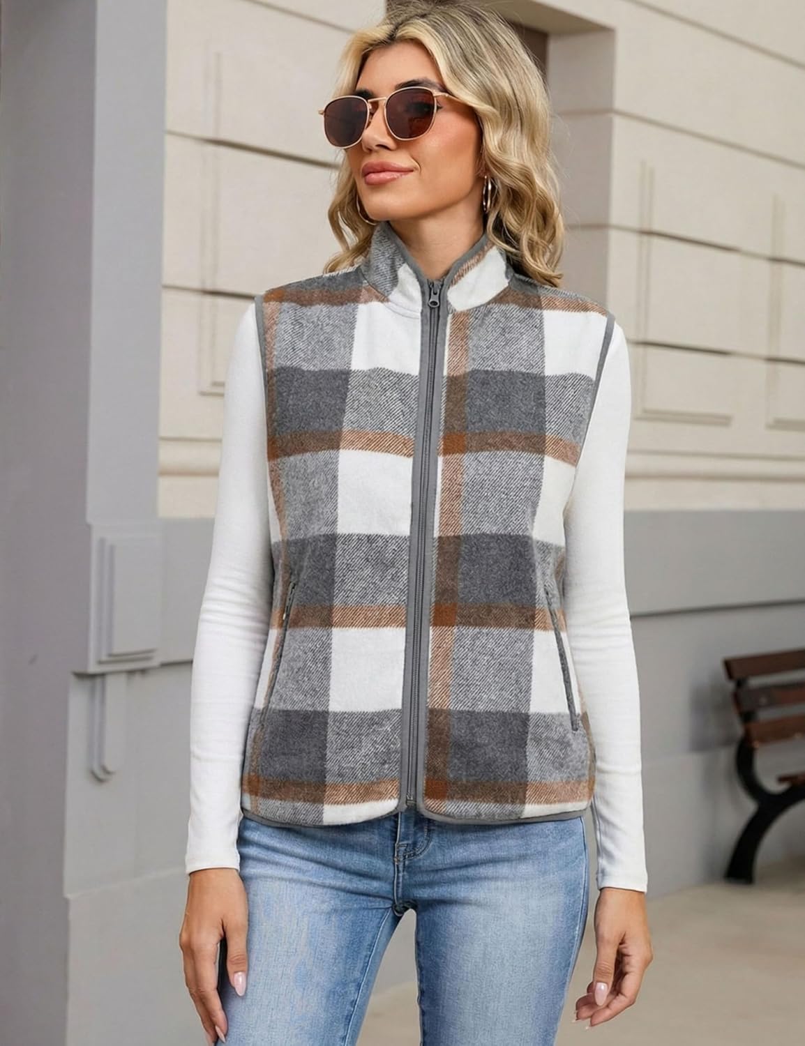 Tanming Womens Plaid Vest Fall Brushed Flannel Sleeveless Jacket Lightweight Outerwear Vest with Pockets - Image 3