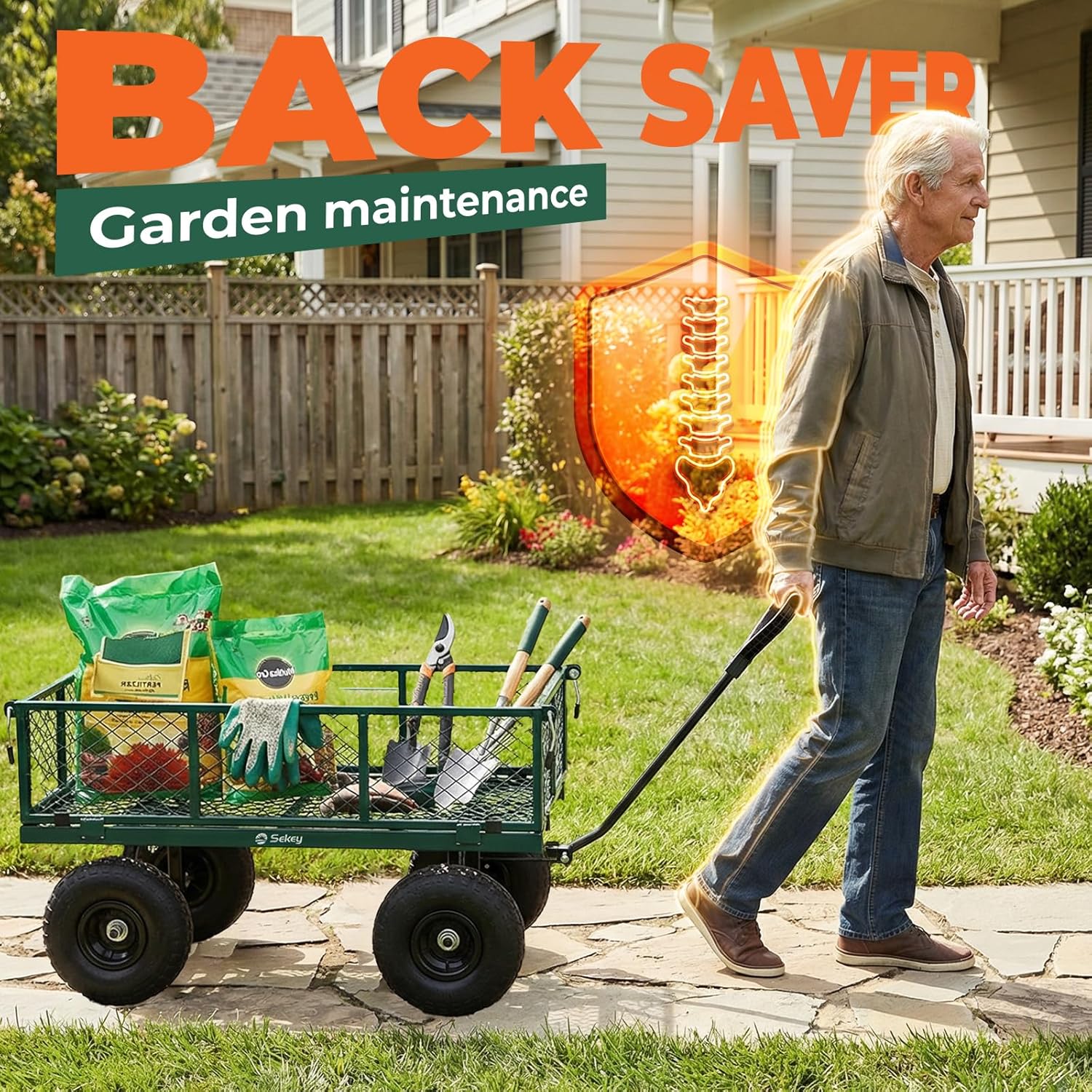 Sekey 600lbs Steel Mesh Garden Cart for Patio & Backyard, Utility Wagon with Removable Sides (Convertible Flatbed), 10" Rubber Tiress, Green