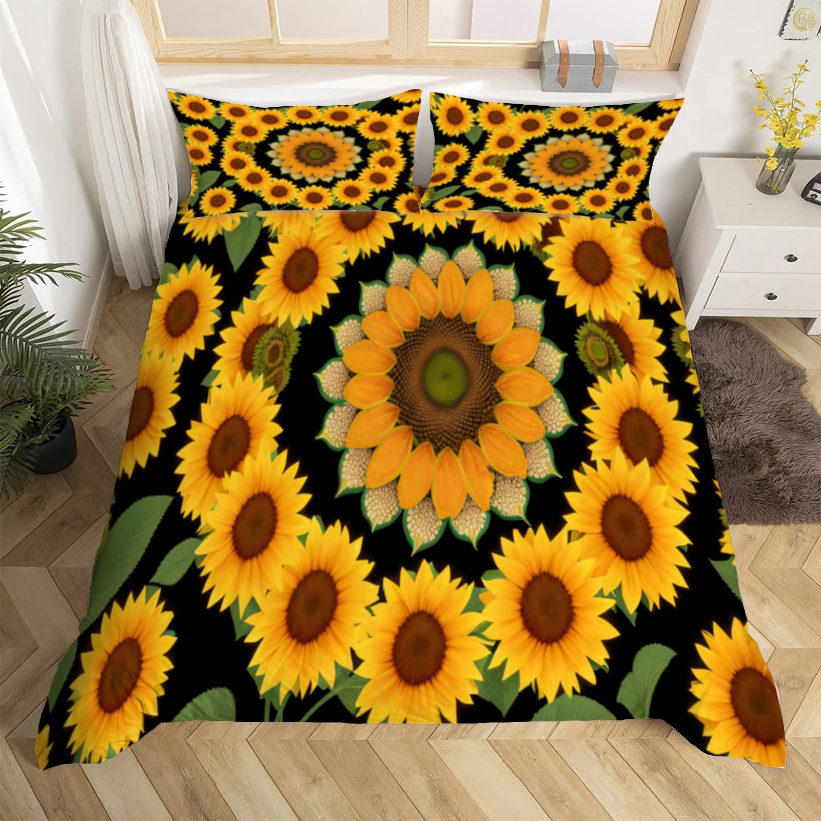 3D Sunflower Duvet Cover Double Farm Landscape Soft Microfiber Bedding Set with Zipper Closure, Quilt Cover 200x200cm with 2 Pillowcases 50x75 cm