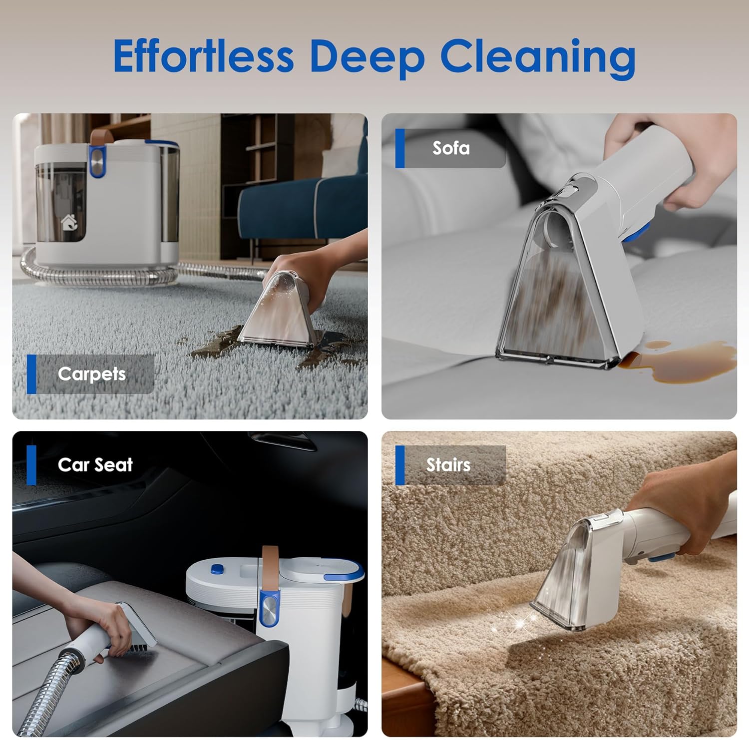 WURESE Portable Carpet Cleaner Machine used on various surfaces like carpets, sofa, car seat, and stairs