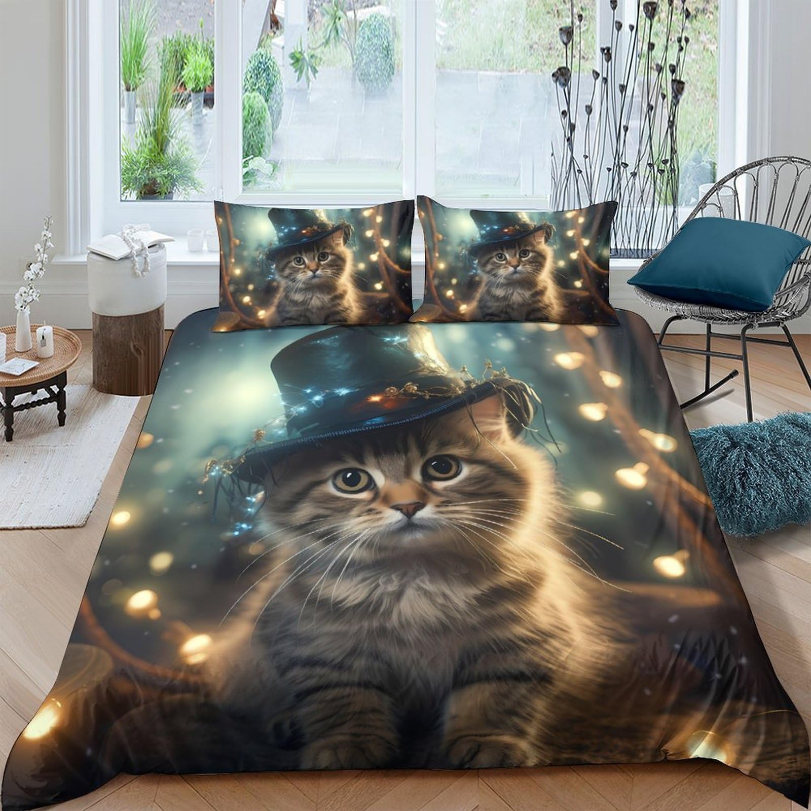 Ctjqhvkz Style-7 3D Printed Cat With Hat Fitted Sheet Microfiber Soft Breathable Magic Lights Bed Cover For Bedroom Dorm Mattress Decor Single（135X200cm）